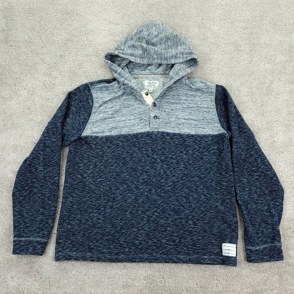 Lucky Brand Hoodie Men's Large Blue Henley Collar Grey Label Fleece Kangaroo